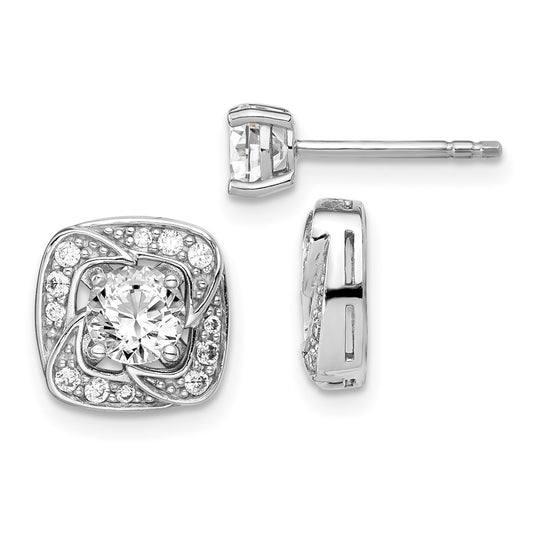 QE14878 Sterling Silver RH-plated 5mm Round CZ Post w/ Square Jackets Earrings