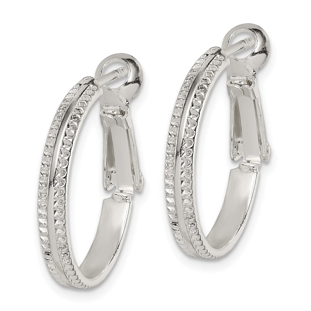 QE14924 Sterling Silver Milgrain 2x20mm Omega Back Round Hoop Earrings