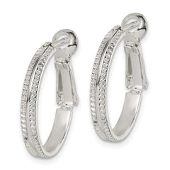 QE14924 Sterling Silver Milgrain 2x20mm Omega Back Round Hoop Earrings