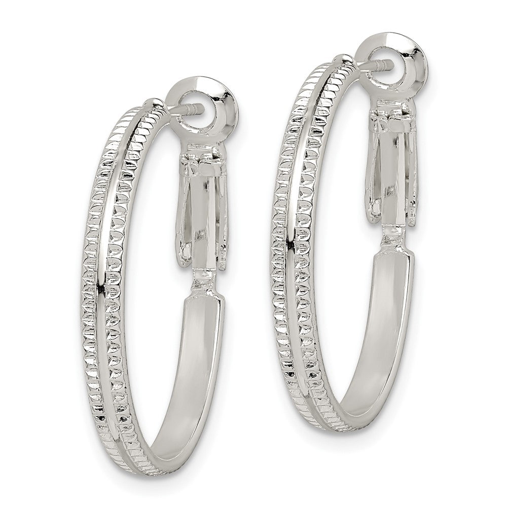 QE14925 Sterling Silver Milgrain 2.25x25mm Omega Back Round Hoop Earrings