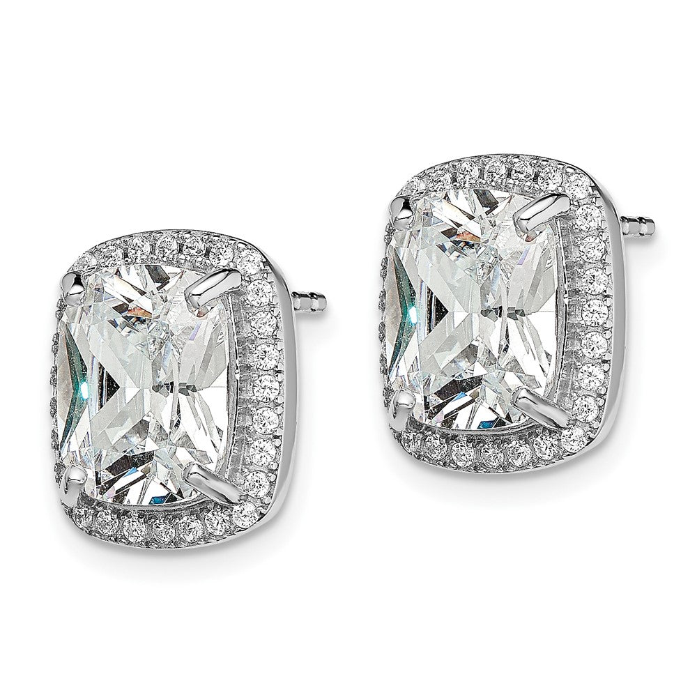 QE14975 Sterling Silver RH-plated Polished 10x8mm Cushion CZ Halo Post Earrings