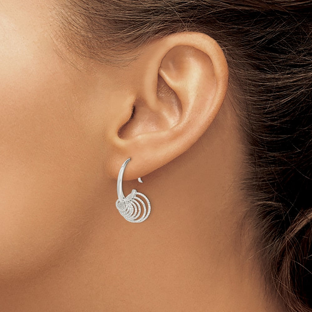 QE14985 Sterling Silver Polished & Diamond-cut Circles Dangle Hoop Earrings