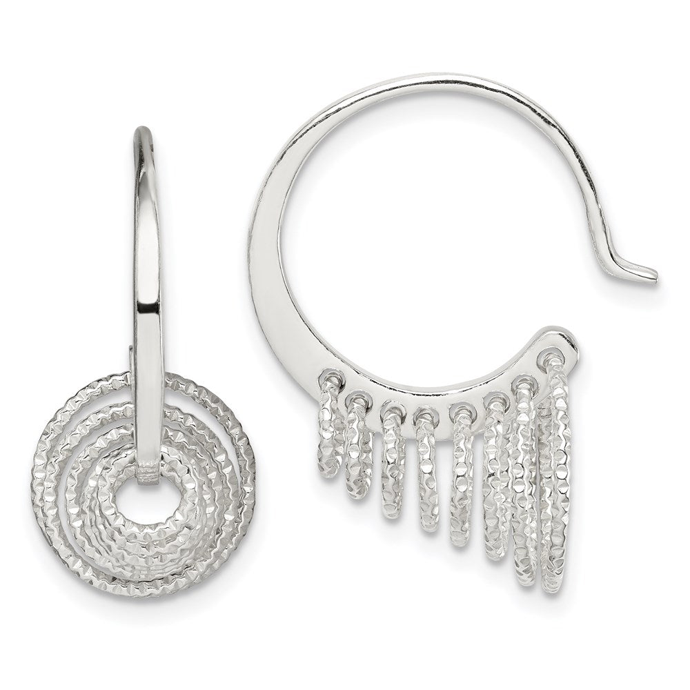 QE14985 Sterling Silver Polished & Diamond-cut Circles Dangle Hoop Earrings