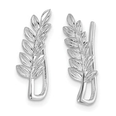 QE14995 Sterling Silver Rhodium-plated Polished & Textured Leaf Ear Climber Earring