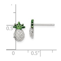 QE15010 Sterling Silver Rhod-plated Pineapple w/Green Enamel Post Earrings