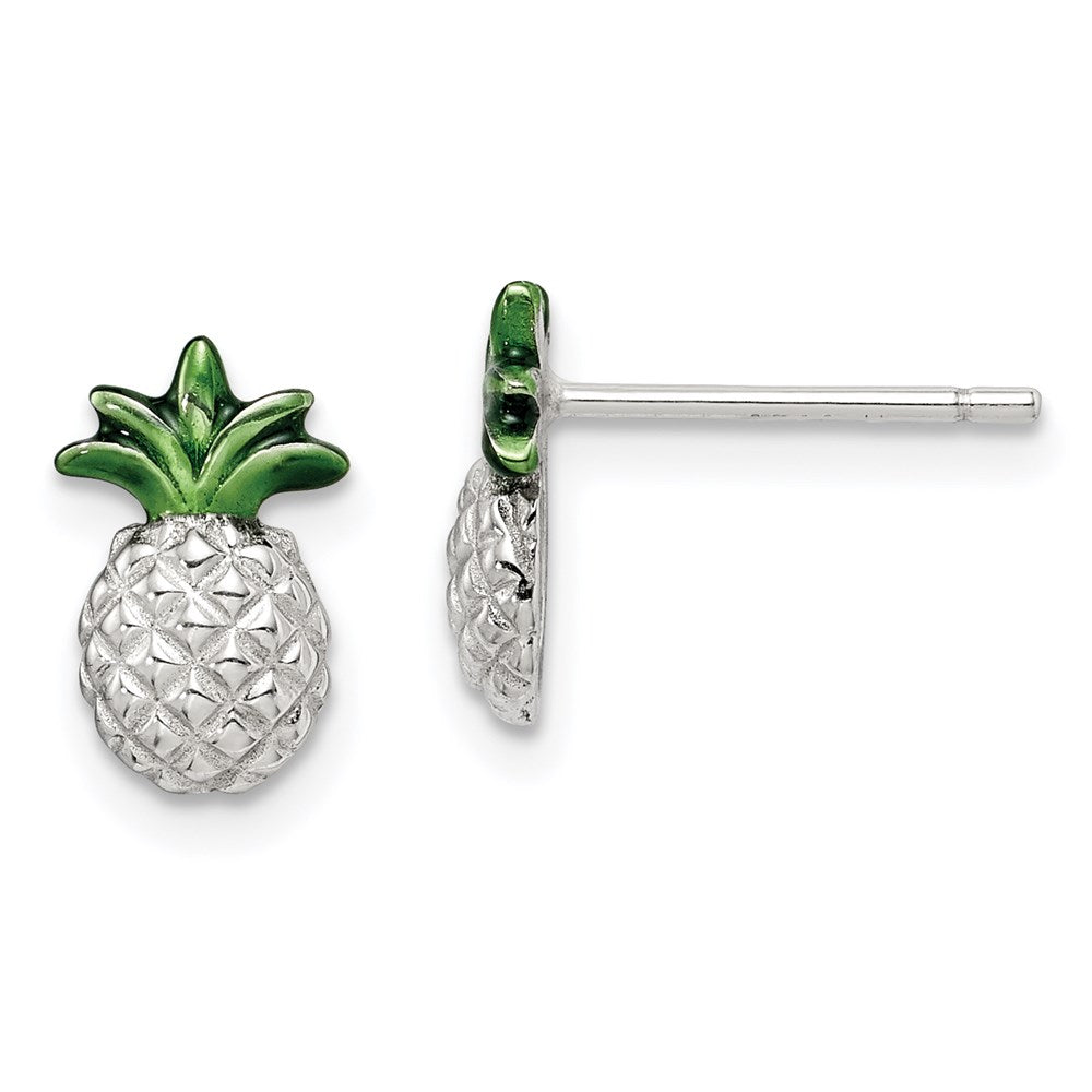 QE15010 Sterling Silver Rhod-plated Pineapple w/Green Enamel Post Earrings