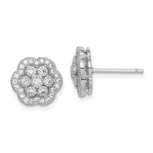 QE15045 Sterling Silver Rhodium-plated Polished CZ Flower Post Earrings