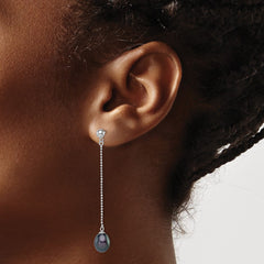 QE15052 Sterling Silver Rhodium-plated 7-8mm Black Teardrop Freshwater Cultured Pearl Post Dangle Earrings
