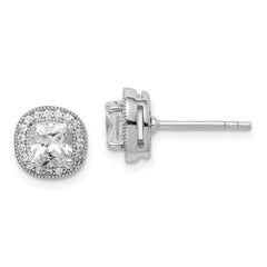 QE15057 Sterling Silver RH-plated Polished & Textured 5mm CZ Halo Post Earrings
