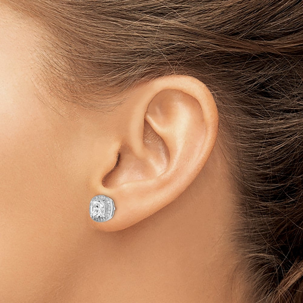 QE15058 Sterling Silver RH-plated Polished & Textured 6mm CZ Halo Post Earrings