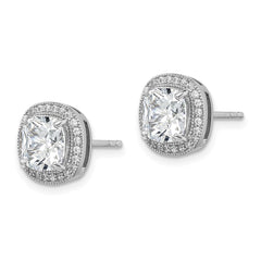 QE15059 Sterling Silver RH-plated Polished & Textured 7mm CZ Halo Post Earrings