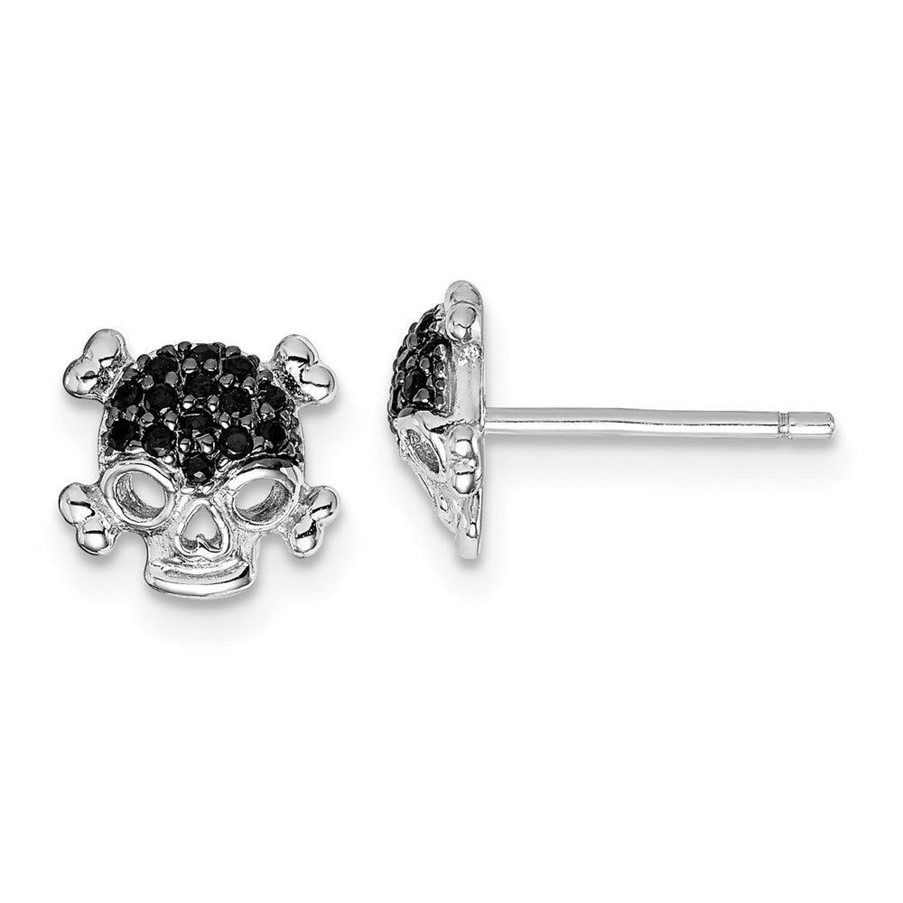 QE15061 Sterling Silver Rhodium-plated Black CZ Skull Post Earrings