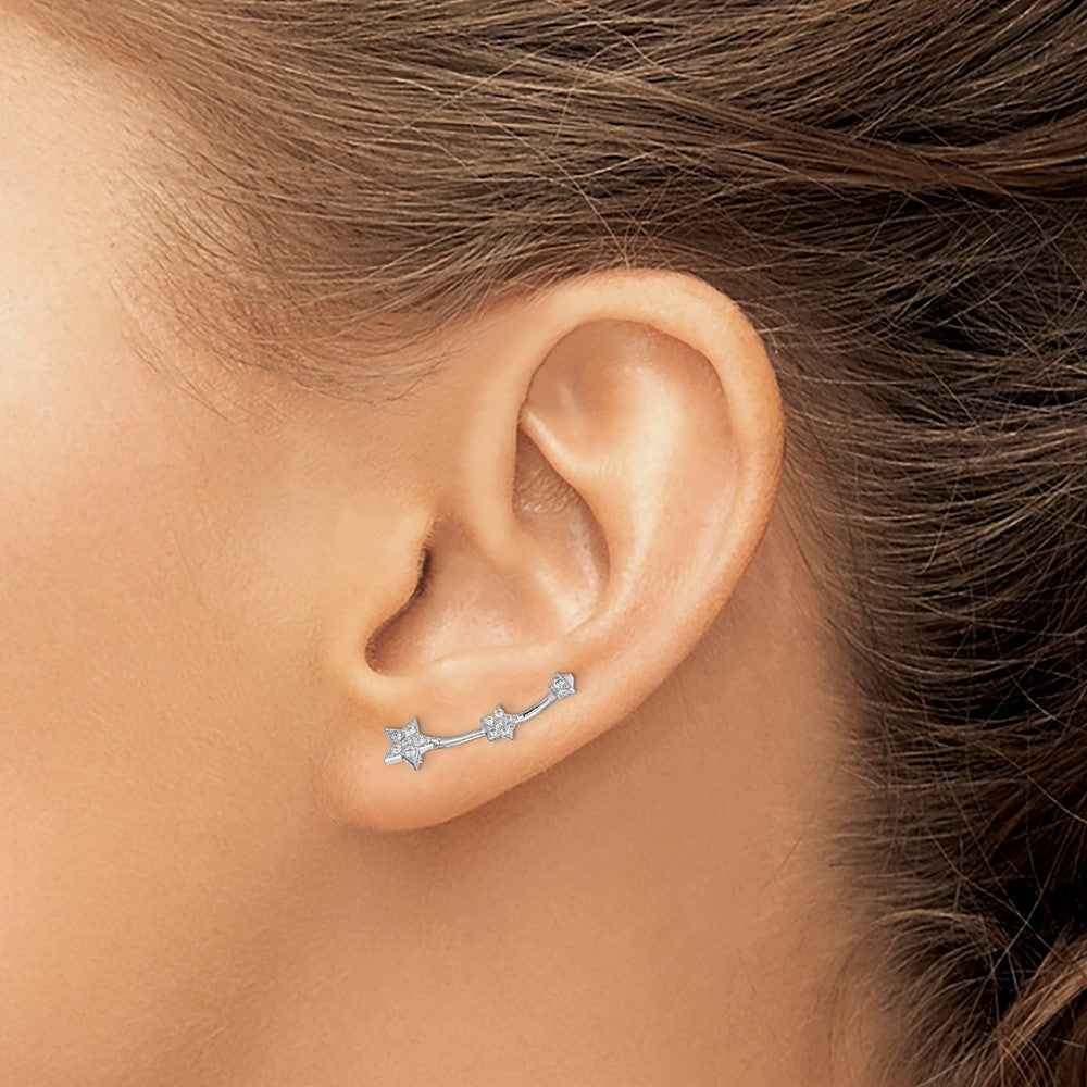 QE15064 Sterling Silver Rhodium-plated Polished CZ Three Star Ear Climber Earrings