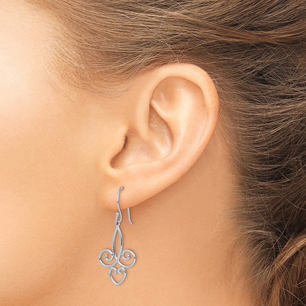 QE15067 Sterling Silver Rhodium-plated Polished Fleur de Lis Dangle Earrings
