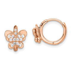 QE15070 Sterling Silver Rose-tone CZ Butterfly Hinged Hoop Earrings