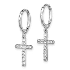 QE15085 Sterling Silver Rhodium-plated CZ Cross Dangle Round Hoop Earrings