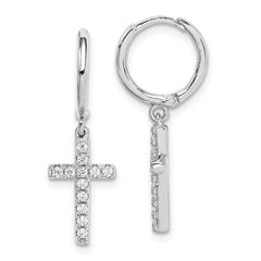 QE15085 Sterling Silver Rhodium-plated CZ Cross Dangle Round Hoop Earrings