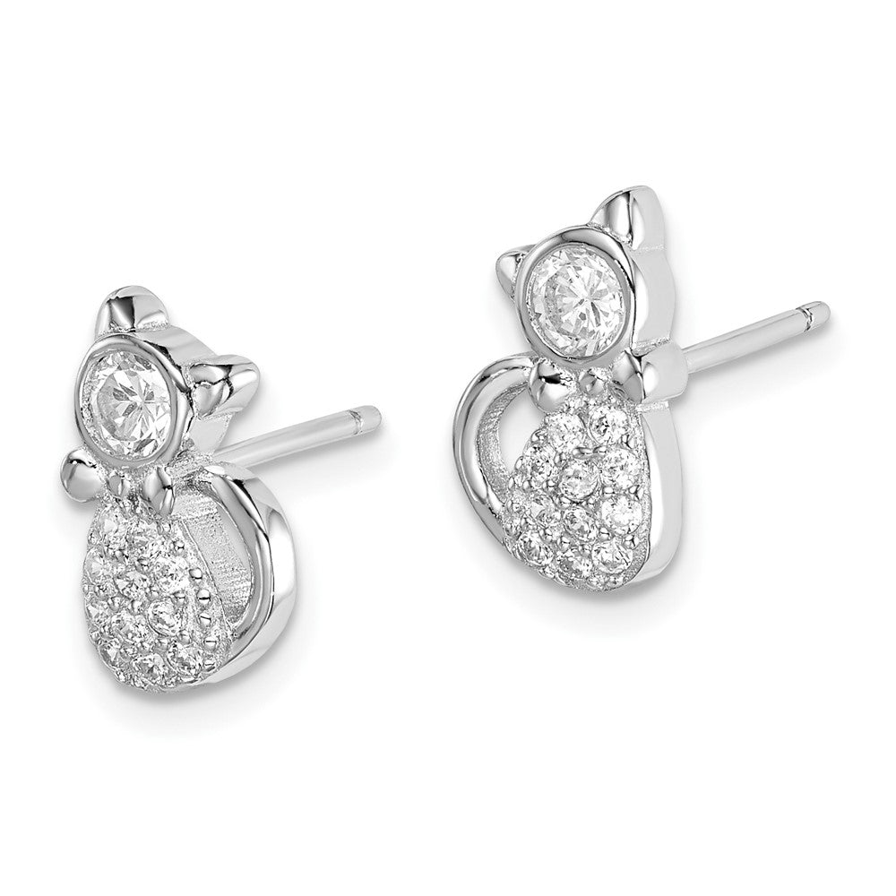 QE15097 Sterling Silver Rhodium-plated Polished CZ Cat Post Earrings