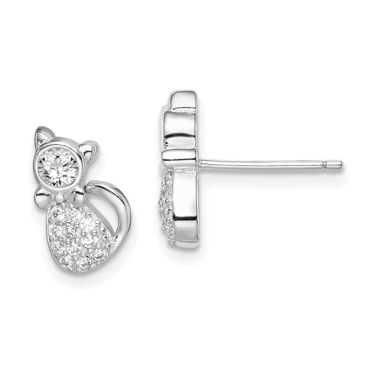 QE15097 Sterling Silver Rhodium-plated Polished CZ Cat Post Earrings