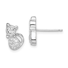 QE15097 Sterling Silver Rhodium-plated Polished CZ Cat Post Earrings