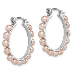 QE15098 Sterling Silver Rhodium-plated 4-5mm Pink Button Freshwater Cultured Pearl Hoop Earrings