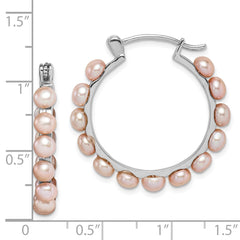 QE15098 Sterling Silver Rhodium-plated 4-5mm Pink Button Freshwater Cultured Pearl Hoop Earrings