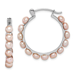 QE15098 Sterling Silver Rhodium-plated 4-5mm Pink Button Freshwater Cultured Pearl Hoop Earrings
