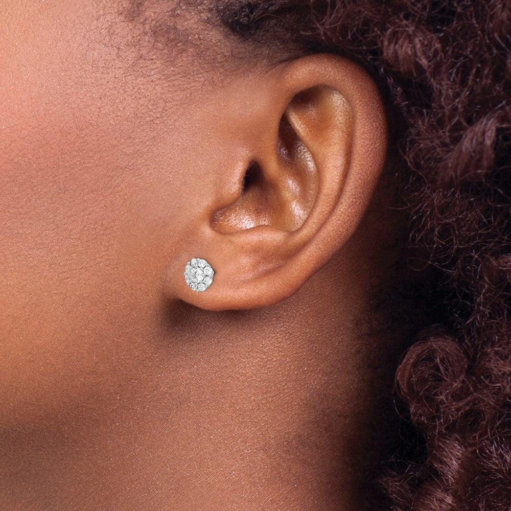 QE15115 Sterling Silver Rhodium-plated Polished CZ Halo Post Earrings