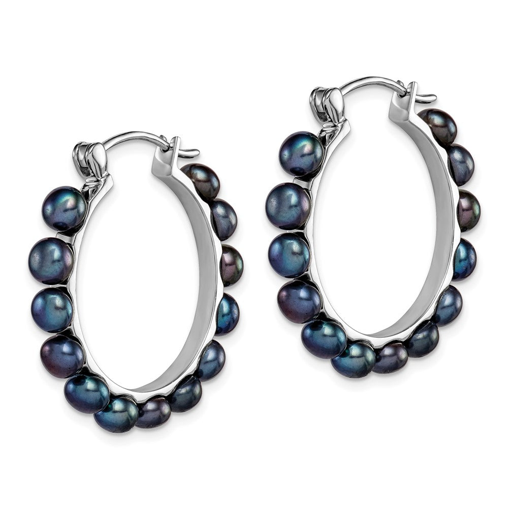 QE15119 Sterling Silver Rhodium-plated 4-5mm Black Button Freshwater Cultured Pearl Hoop Earrings