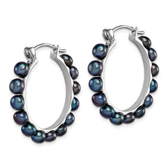 QE15119 Sterling Silver Rhodium-plated 4-5mm Black Button Freshwater Cultured Pearl Hoop Earrings