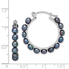 QE15119 Sterling Silver Rhodium-plated 4-5mm Black Button Freshwater Cultured Pearl Hoop Earrings