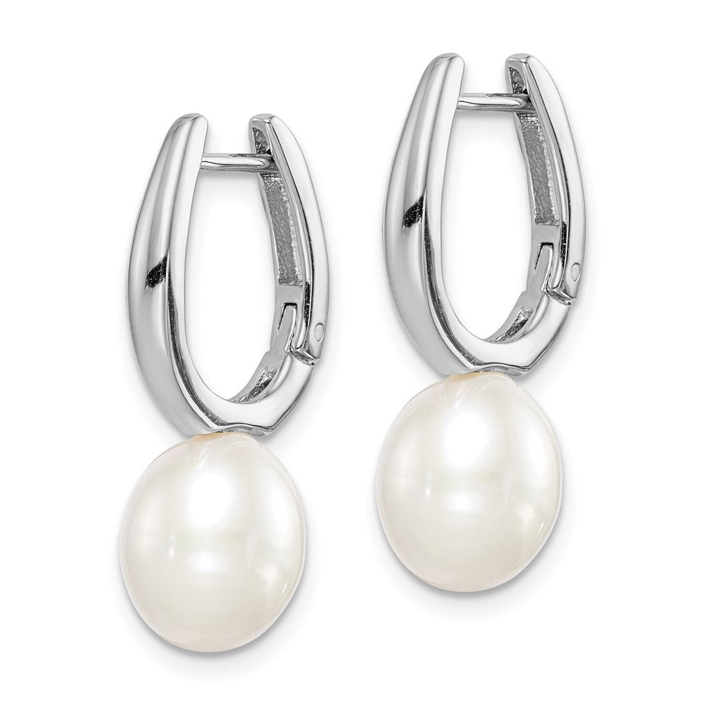 QE15120 Sterling Silver Rhodium-plated 7-8mm White Rice Freshwater Cultured Pearl Dangle Hoop Earrings
