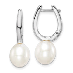 QE15120 Sterling Silver Rhodium-plated 7-8mm White Rice Freshwater Cultured Pearl Dangle Hoop Earrings