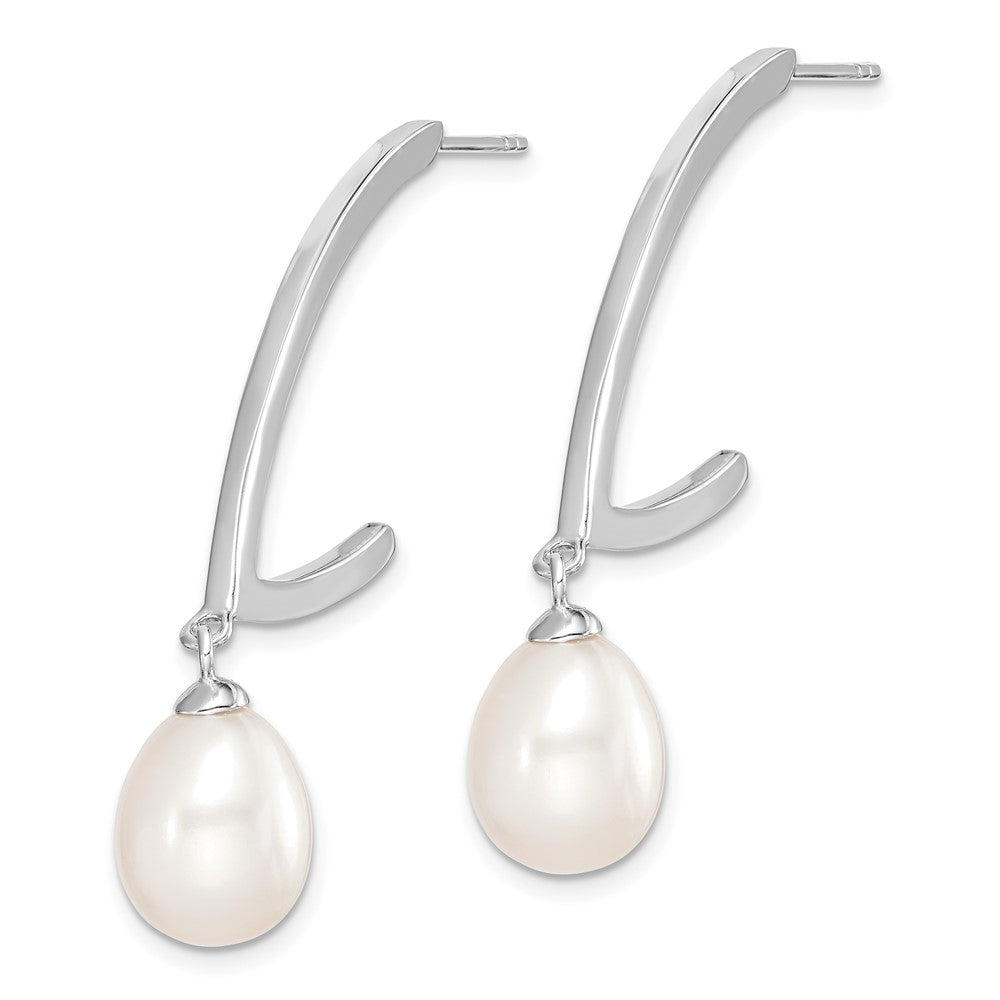 QE15124 Sterling Silver Rhodium-plated 8-9mm White Rice Freshwater Cultured Pearl Post Dangle Earrings