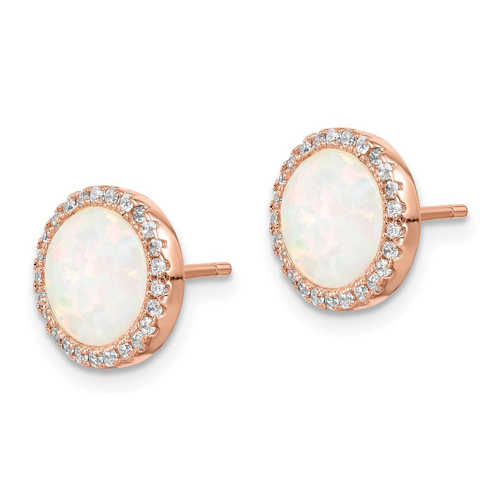 QE15126 Sterling Silver Rose-Tone Created Opal & CZ Round Halo Post Earrings