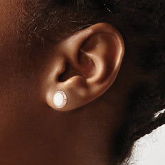 QE15126 Sterling Silver Rose-Tone Created Opal & CZ Round Halo Post Earrings