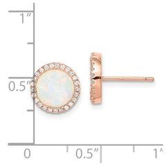 QE15126 Sterling Silver Rose-Tone Created Opal & CZ Round Halo Post Earrings