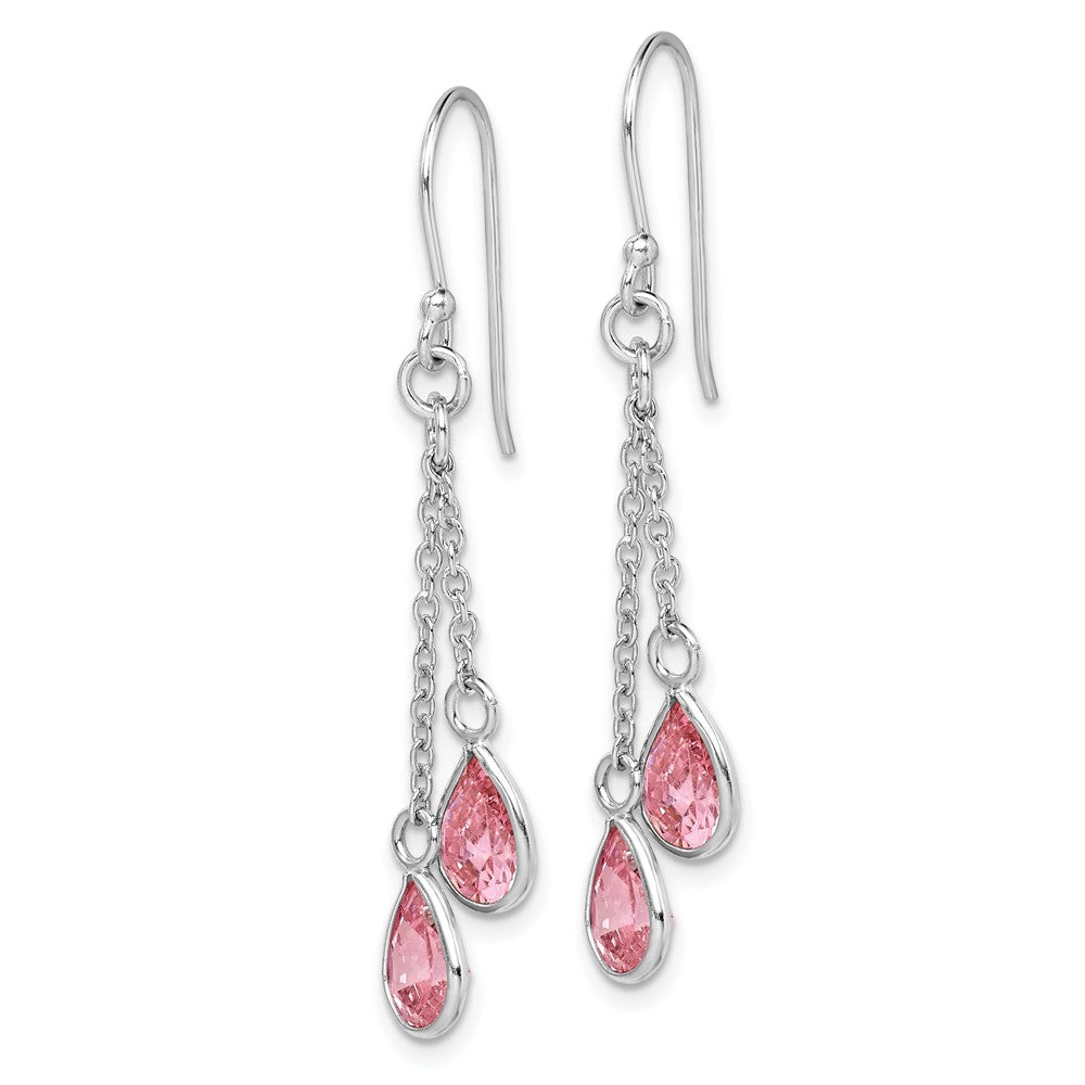 QE15169 Sterling Silver RH-plated Multi-Strand Pink CZ Teardrop Dangle Earrings