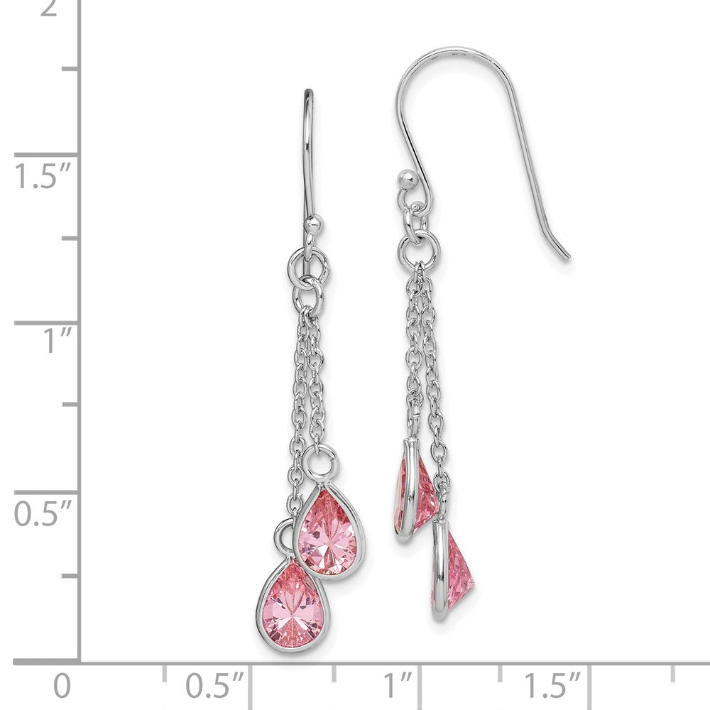 QE15169 Sterling Silver RH-plated Multi-Strand Pink CZ Teardrop Dangle Earrings