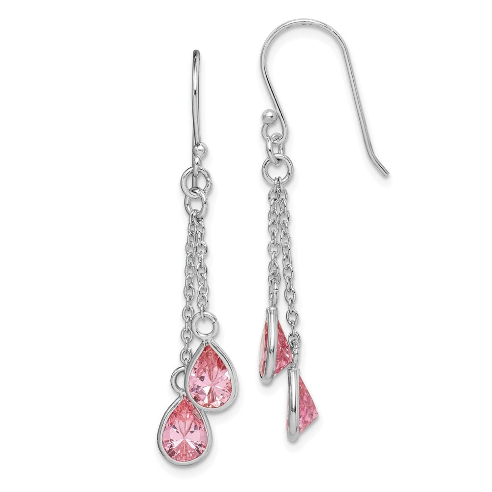 QE15169 Sterling Silver RH-plated Multi-Strand Pink CZ Teardrop Dangle Earrings
