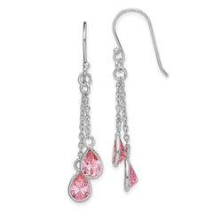 QE15169 Sterling Silver RH-plated Multi-Strand Pink CZ Teardrop Dangle Earrings