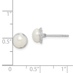 QE15178 Sterling Silver Rhodium-plated 6-7mm White Button Freshwater Cultured Pearl Post Earrings