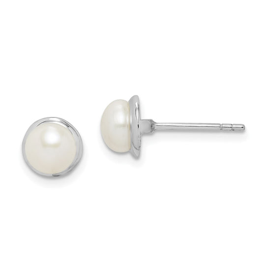 QE15178 Sterling Silver Rhodium-plated 6-7mm White Button Freshwater Cultured Pearl Post Earrings