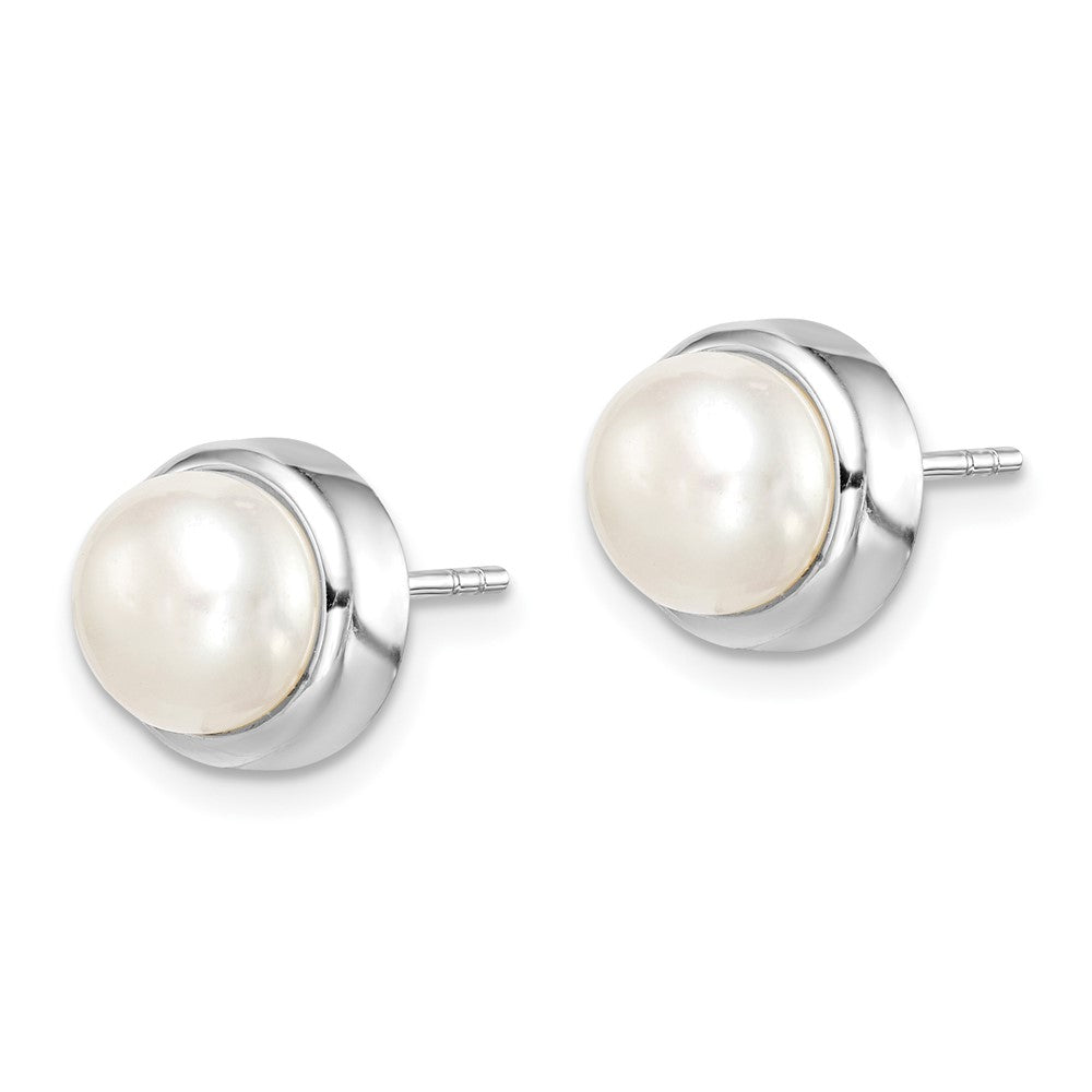 QE15179 Sterling Silver Rhodium-plated 7-8mm White Button Freshwater Cultured Pearl Post Earrings