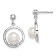 QE15180 Sterling Silver Rhodium-plated 7-8mm White Button Freshwater Cultured Pearl Post Dangle Earrings