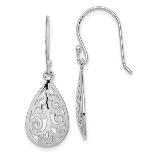 QE15190 Sterling Silver Rhodium-plated Polished Filigree Teardrop Dangle Earrings