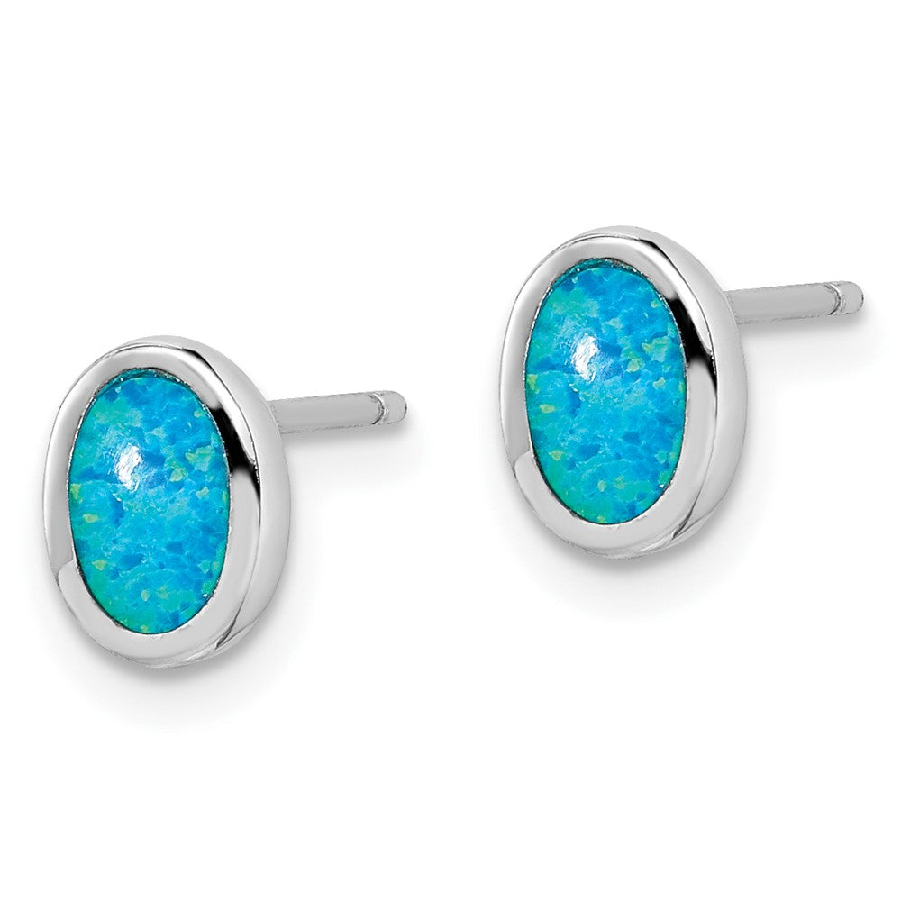 QE15192 Sterling Silver RH-plated Polished Blue Created Opal Oval Stud Earrings