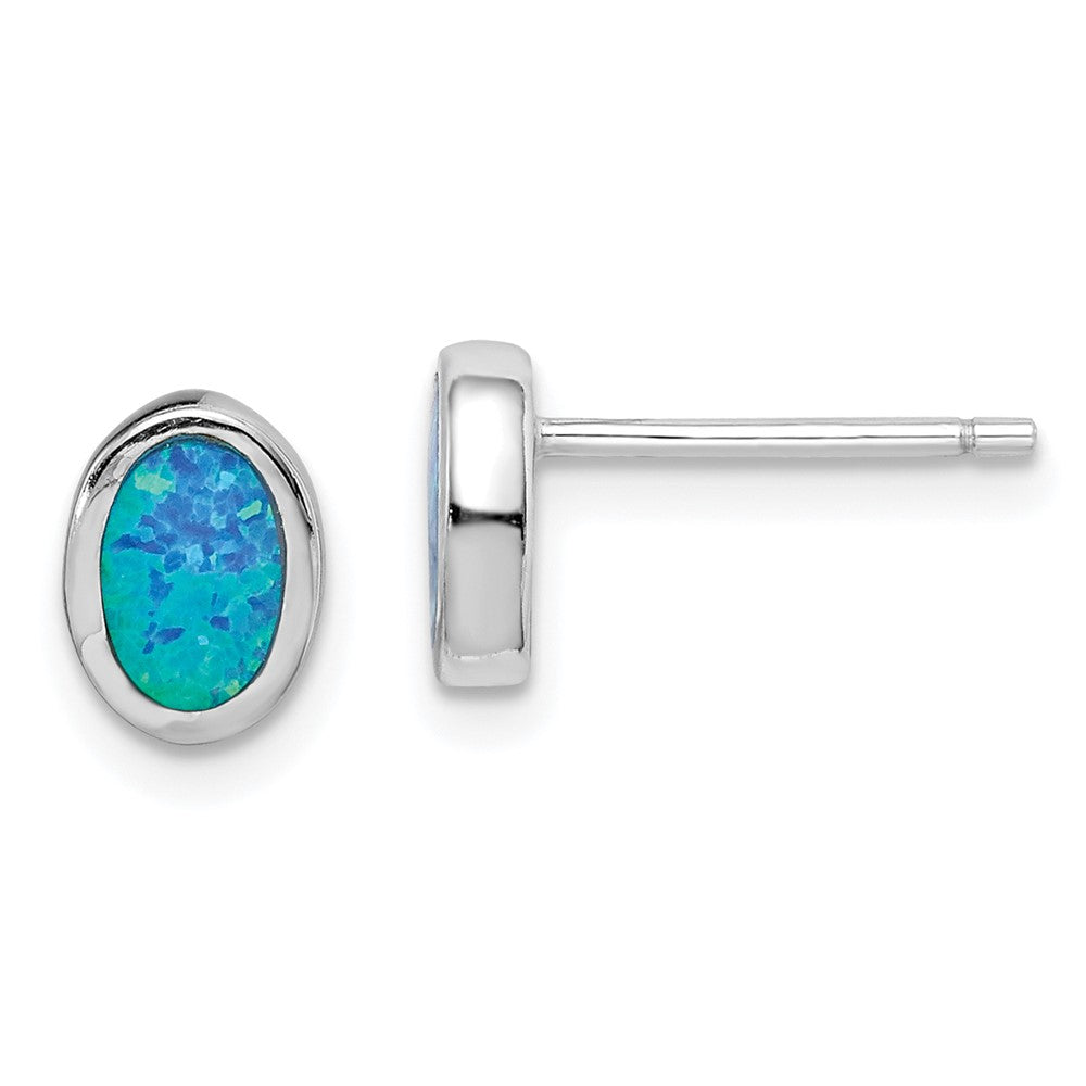QE15192 Sterling Silver RH-plated Polished Blue Created Opal Oval Stud Earrings