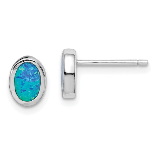 QE15192 Sterling Silver RH-plated Polished Blue Created Opal Oval Stud Earrings