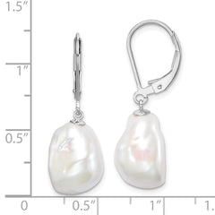 QE15197 Sterling Silver Rhodium-plated 11-12mm White Keshi Freshwater Cultured Pearl Leverback Dangle Earrings